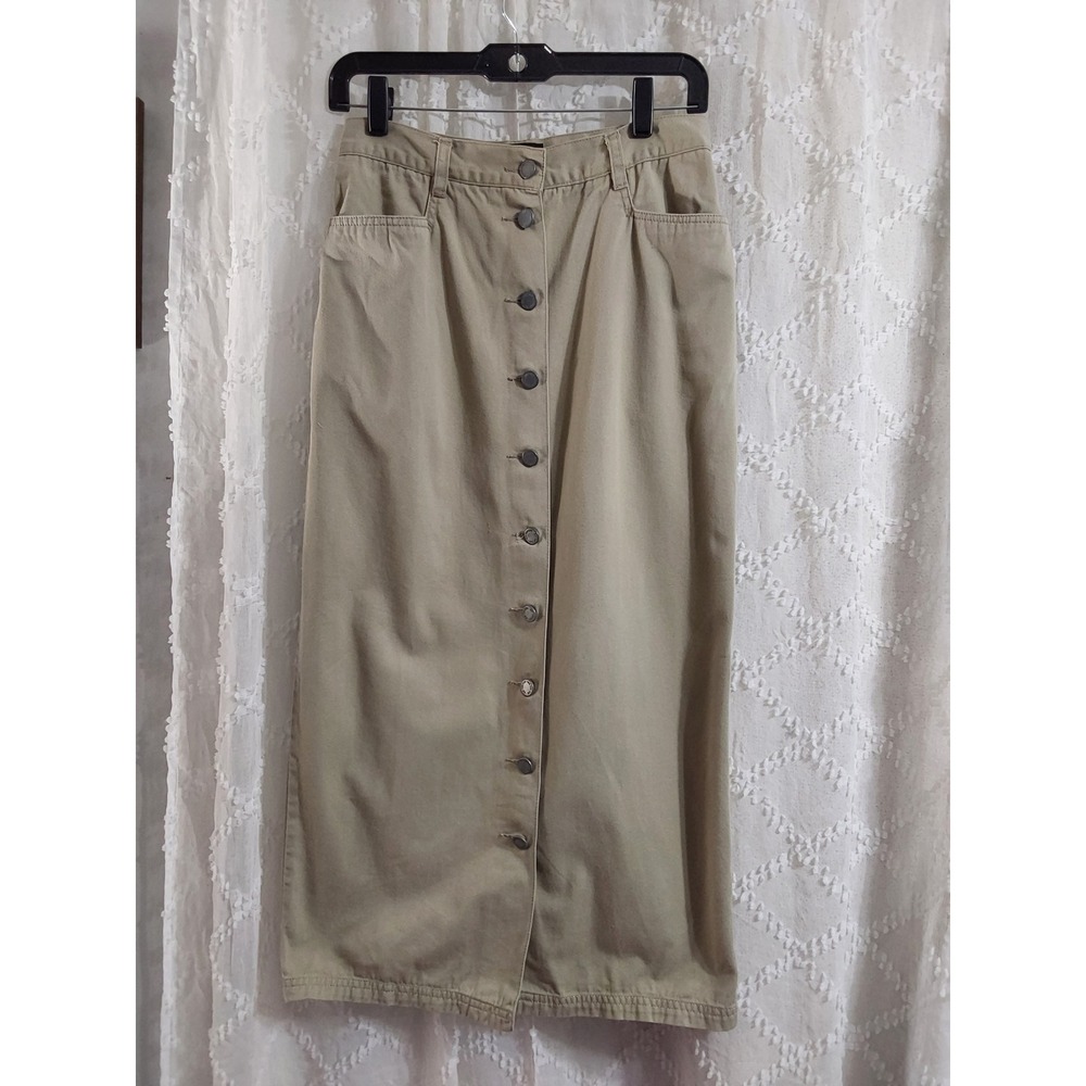 NY Jeans New York & Company Khaki Cotton Button Front Maxi Skirt Tan Womens 8